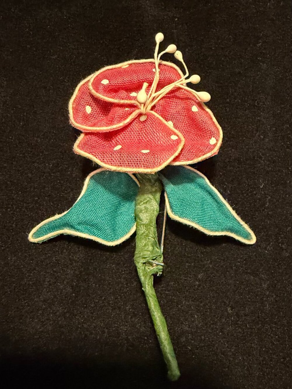 Vintage 1950s Handmade Millinery Flower Brooch | Pink Polka Dot